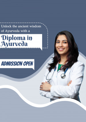 Woman in a white coat with a stethoscope promoting a Diploma in Ayurveda course.