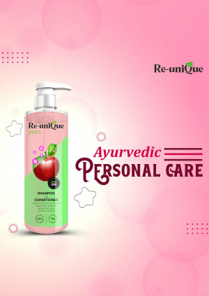 Re-uniQue Pure Ayurvedic Shampoo and Conditioner bottle with apple illustration