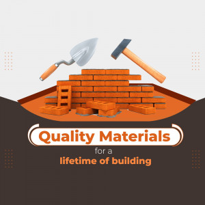 Image of building materials including bricks, a trowel, and a hammer