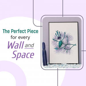 A framed botanical print displayed on a surface with a purple and white background.