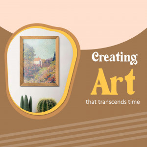 Artwork displayed in a modern interior with a cactus and text 'Creating Art that transcends time'