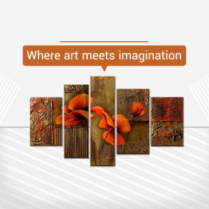 Five-panel abstract painting of orange poppies