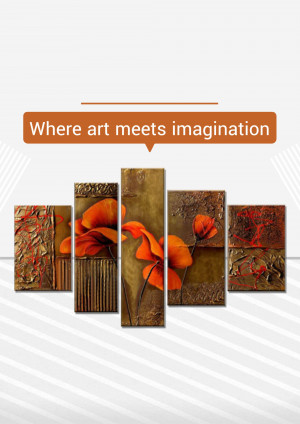 Five-panel abstract painting of orange poppies on a textured background