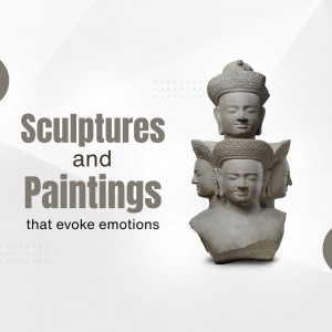 Image of stone Buddha sculptures with text 'Sculptures and Paintings that evoke emotions'