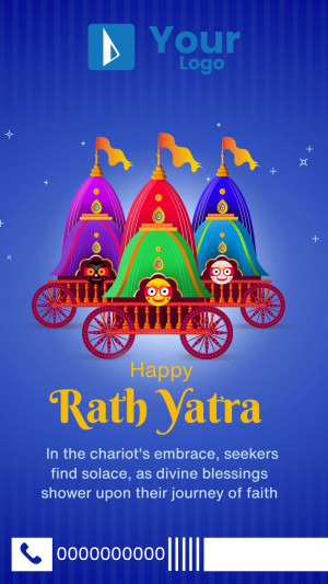 Colorful illustration of Rath Yatra chariots with a festive blue background.