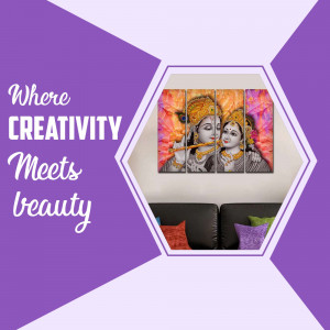 Radha and Krishna artwork displayed in a modern living room setting