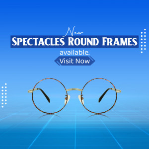 Round frame spectacles advertisement with a call to action