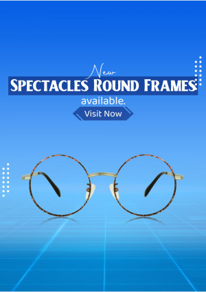Image of round frame spectacles with a promotional banner.