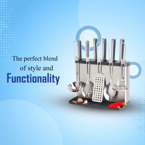 Silver kitchen utensil set with black holder against a blue gradient background