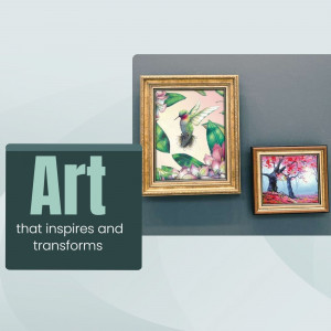 Framed artwork displayed on a wall with the text 'Art that inspires and transforms'