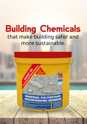 Sika waterproofing membrane bucket with city skyline background