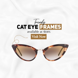 Cat eye sunglasses on a white background with text promoting availability in store.
