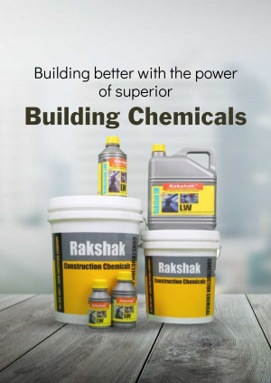 Rakshak Construction Chemicals products displayed on a wooden surface