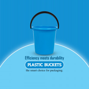 A blue plastic bucket on a light blue background with text promoting plastic buckets.