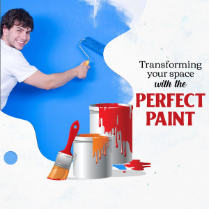 Man painting a wall with paint cans and brushes