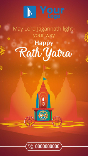 Rath Yatra festival greeting with a decorated chariot and temple illustration.