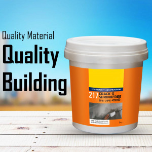 A container of Crack-X Shrinkfree building material with text and branding.