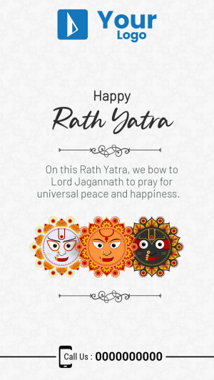 Rath Yatra greeting card with Lord Jagannath's faces and a peace message.