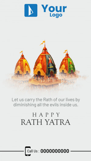 Rath Yatra festival image with three decorated chariots and a motivational quote.