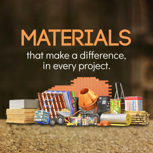 Assortment of construction materials including bricks, paint, pipes, and tools.