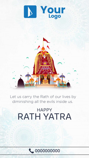 Rath Yatra festival illustration with a decorated chariot and flags.