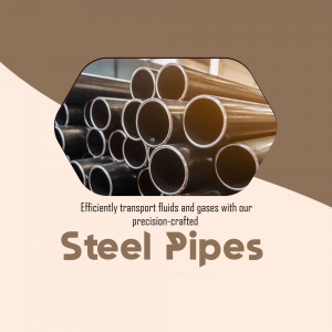 Close-up of stacked steel pipes with text promoting their use for fluid and gas transport.