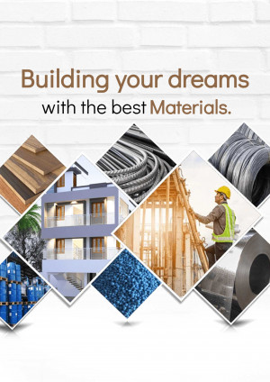 Collage of construction materials and a worker on a building site