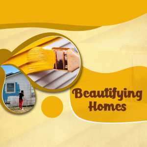 Image depicting home painting with a paintbrush and a house being painted.