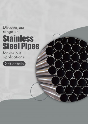 Close-up of stainless steel pipes with promotional text