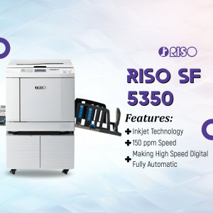RISO SF 5350 digital duplicator machine with features highlighted