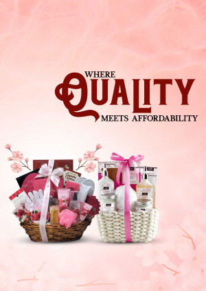 Gift baskets with beauty products and flowers, promoting quality and affordability.