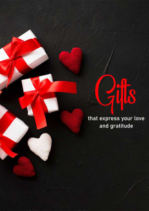 Gifts and hearts on a black background with text 'Gifts that express your love and gratitude'