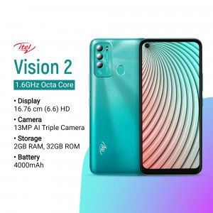 itel Vision 2 smartphone with teal and dark blue gradient back cover