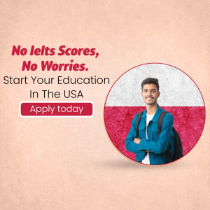 Image promoting study in the USA without IELTS requirements, featuring a student and the US flag.