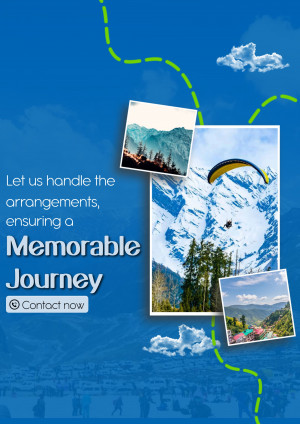 Travel advertisement featuring mountain landscapes and paragliding.