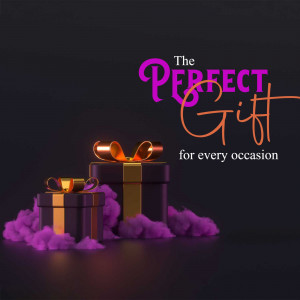 Purple and gold gift boxes with ribbon and smoke