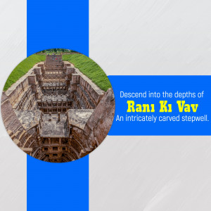A circular image showcasing the intricate architecture of Rani Ki Vav stepwell in Gujarat, India.