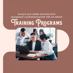 Team of professionals collaborating on a laptop with text promoting training programs.