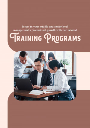 Image of a team collaborating on a laptop with text promoting training programs for middle and senior-level management.