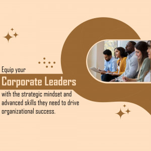 Diverse group of professionals in a meeting, with text promoting leadership development.