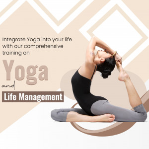 Woman practicing yoga pose with text overlay promoting yoga and life management training.
