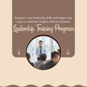 Image promoting a leadership training program with a man presenting to a team.