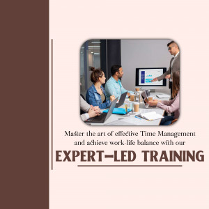 People in a meeting room with a presentation on time management and work-life balance.