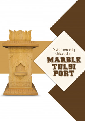 A carved marble Tulsi Port with a flame-like structure on top and a small alcove.
