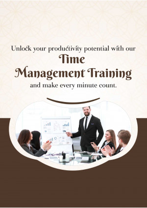 Advertisement for time management training with a business team in a meeting.