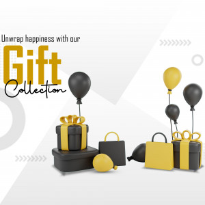 3D rendering of gift boxes, balloons, and shopping bags promoting a gift collection.