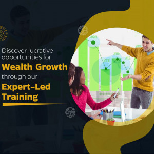 Image depicting people collaborating and analyzing growth charts, promoting wealth growth training.