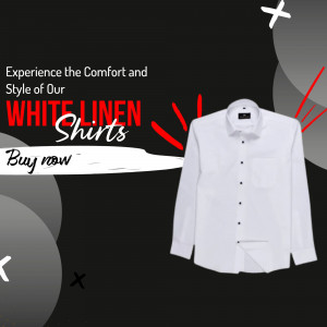 Image of a white linen shirt on a dark background with promotional text.