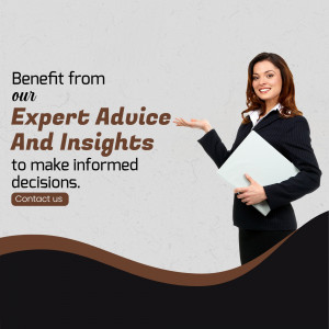 Woman in a suit holding a folder with text about expert advice.