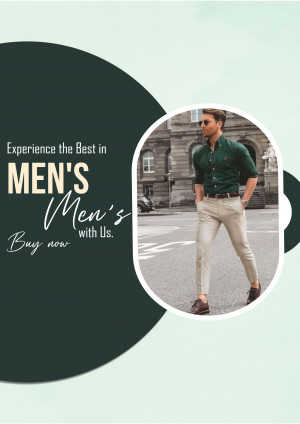 A man in a green shirt and beige pants posing for a fashion advertisement.